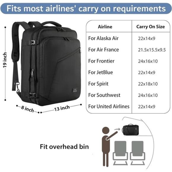Carry on Backpack, Extra Large Travel Backpack Expandable Airplane Approved - Picture 2 of 7